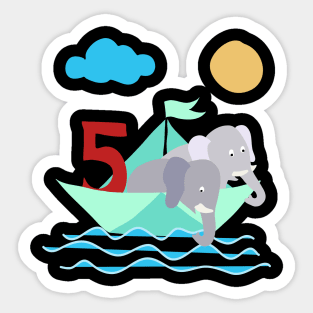 Elephants In Paper Boat Sea 5 Years Birthday Sticker